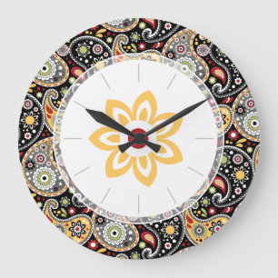 Grande Horloge Ronde Bohème années 70 Rétro Paisley Floral