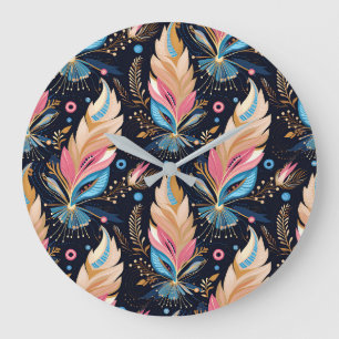 Grande Horloge Ronde Bohème Hippie Chic Art Abstrait à Plumes Colorées