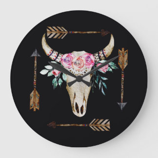 Grande Horloge Ronde Bohemian Deer Skull Watercolor Art