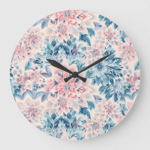 Grande Horloge Ronde Boho Abstrait Floral Pastel rose bleu vert