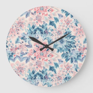 Grande Horloge Ronde Boho Abstrait Floral Pastel rose bleu vert