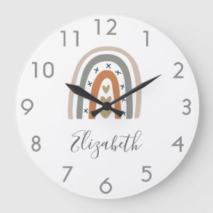 Grande Horloge Ronde Boho arc-en-ciel brun beige gris blanc pépinière m