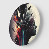 Grande Horloge Ronde Boho art abstrait avec visage de fille (Angle)