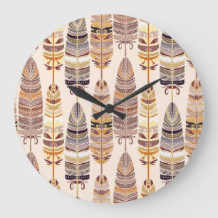 Grande Horloge Ronde Boho Feathes : Motif Tribal sans Seamless