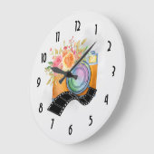 Grande Horloge Ronde Boho Orange Caméra & Fleurs Aquarelle (Angle)
