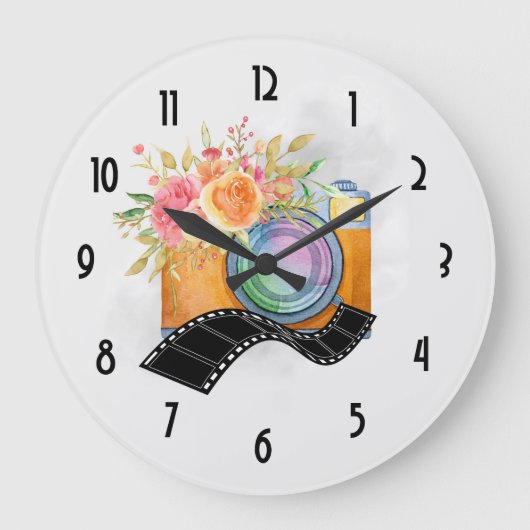 Grande Horloge Ronde Boho Orange Caméra & Fleurs Aquarelle (Recto)