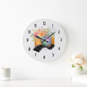 Grande Horloge Ronde Boho Orange Caméra & Fleurs Aquarelle (Maison)