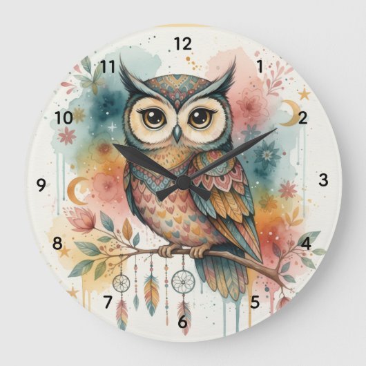 Grande Horloge Ronde Boho Owl Large Wall Clock (Recto)