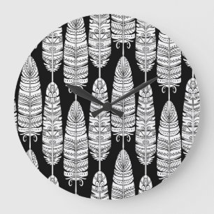 Grande Horloge Ronde Boho plumes : motif noir et blanc