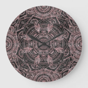 Grande Horloge Ronde Boho Rose Gold Grey Mandala Design élégant