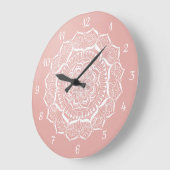 Grande Horloge Ronde Boho Rose Gold Mandala Art (Angle)