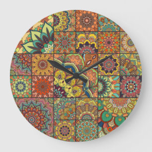 Grande Horloge Ronde Boho tuiles : patchwork coloré sans couture motif