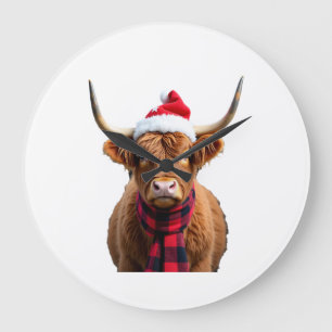 Grande Horloge Ronde Boho Xmas Noël T-Shirt Vache des Highlands (3)