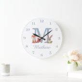 Grande Horloge Ronde Bois Animaux Bleu Bébé Garçon Monogramme initial (Maison)