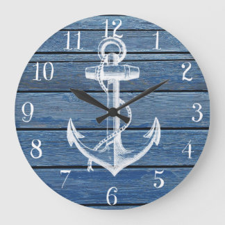 Grande Horloge Ronde Bois bleu blanc