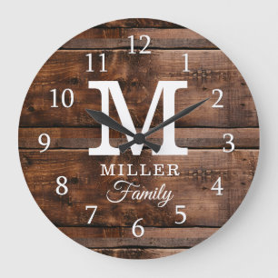 Grande Horloge Ronde Bois Brown foncé rustique Nom de famille monograph