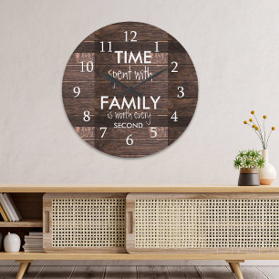Grande Horloge Ronde Bois Brown Rustique Passé Avec Citation Familiale
