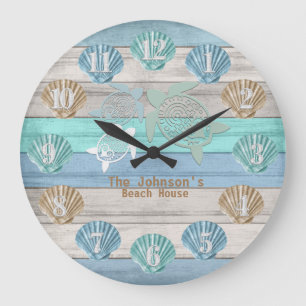 Grande Horloge Ronde Bois de plage nautique avec tortues et coquillages