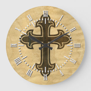 Grande Horloge Ronde Bois de rose fleury croisé chrétien en bois sur