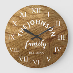 Grande Horloge Ronde Bois Nom de famille personnalisé Rustic Farmhouse