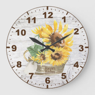 Grande Horloge Ronde Bois rustique Aquarelle Fleurs de soleil jaunes
