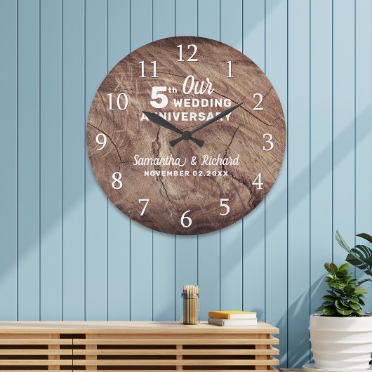 Grande Horloge Ronde Bois rustique Personnalisé 5e anniversaire Mariage