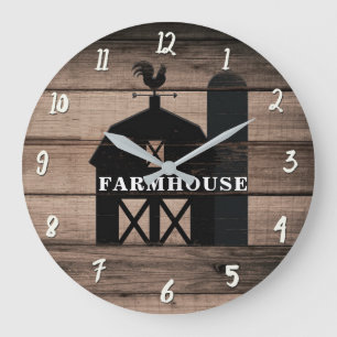 Grande Horloge Ronde Bois rustique vieilli noir grange maison de campag