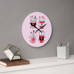 Grande Horloge Ronde Boisson Latte de la Saint-Valentin Amateur de Café