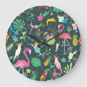 Grande Horloge Ronde Boissons D'Oiseaux Tropicaux : Vibrant Sans Fil.
