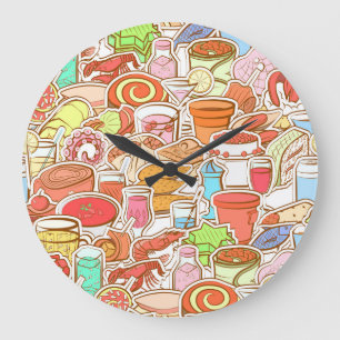Grande Horloge Ronde Boissons, fruits de mer, snacks, motif sans soudur