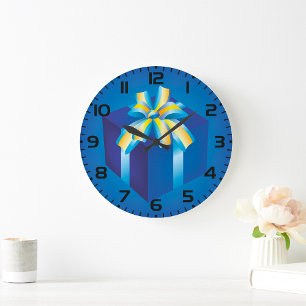 Grande Horloge Ronde Boîte cadeau bleu avec ruban jaune et Aqua