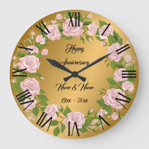 Grande Horloge Ronde Bonne Personnaliser Gold Rose Anniversaire