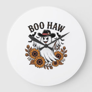 Grande Horloge Ronde Boo Haw Cowboy Fantôme Tournesols Chauves-souris H