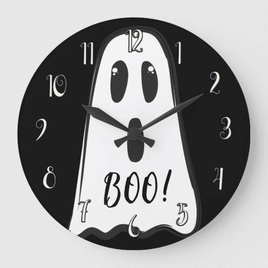 Grande Horloge Ronde BOO! Spooky Cute Ghost Halloween Black White (Recto)