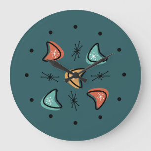 Grande Horloge Ronde Boomerangs Starburs du milieu du siècle Turquoise