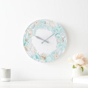 Grande Horloge Ronde bord de mer côte or turquoise Acrylique Mur Horlog