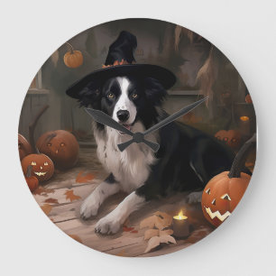 Grande Horloge Ronde Border Collie Citrouilles Halloween Épouvantable