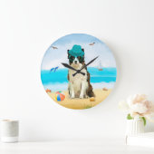 Grande Horloge Ronde Bordure Collie Dog sur la plage (Maison)