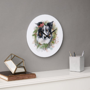 Grande Horloge Ronde Bordure Collie Fête de Noël Wreath Pup
