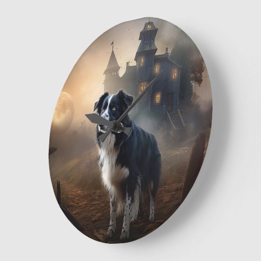 Grande Horloge Ronde Bordure Collie Halloween effroi (Angle)