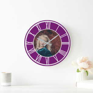 Grande Horloge Ronde Bordure de chiffres romains blancs violet ajouter