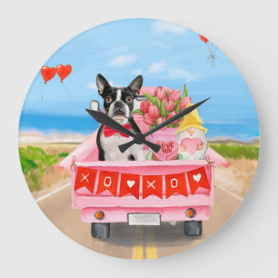 Grande Horloge Ronde Boston Terrier Chien Valentine's Day Truck Hearts