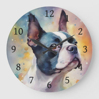Grande Horloge Ronde Boston Terrier Digital Watercolor Portrait Chien 1