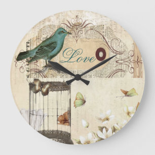 Grande Horloge Ronde botanical art birdcage modern vintage frenbird bir
