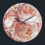 Grande Horloge Ronde BOTANICAL FLORAL PEONY nom monogram<br><div class="desc">BOTANICAL FLORAL PEONY Nom Monogram Large Wall Clock - Decorate your home in style with this gorgeous wall clock featuring a beautiful bouquet of pink roses and peony, over a beautiful pink and blue watercolor background. Elegant, white screened layer bordered by an inner faux gold leaf stroke frames the name,...</div>