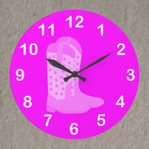Grande Horloge Ronde Bottes De Cowboy Étoiles Rose Blanc Chiffres