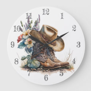 Grande Horloge Ronde Bottes de cowgirl de campagne Fleur Chapeau Texas