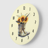 Grande Horloge Ronde Bottes rustiques Cowboy avec tournesol (Angle)