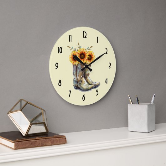 Grande Horloge Ronde Bottes rustiques Cowboy avec tournesol (Bureau)