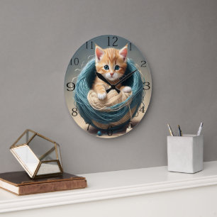 Grande Horloge Ronde "Bouddles douillets : La retraite laineuse du chat